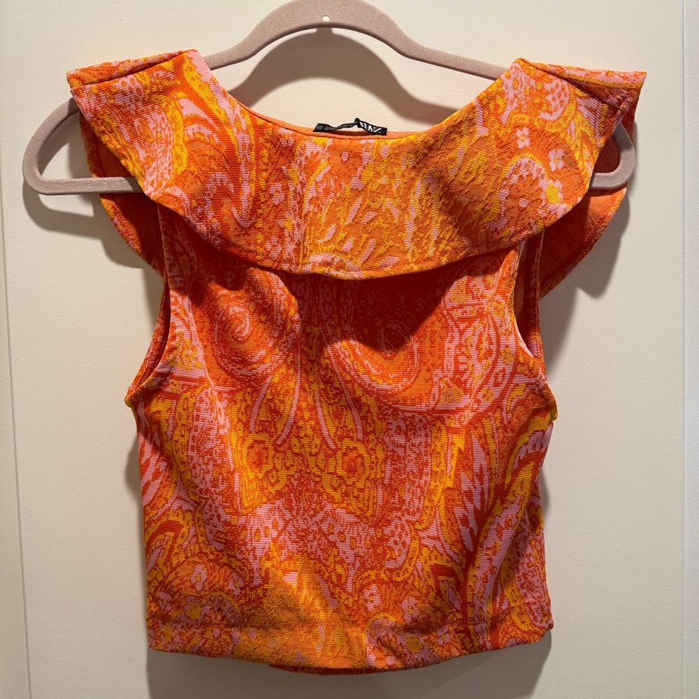 ZARA Rare Orange and Pink Floral Paisley Ruffled Sleeveless Blouse Size‎ Small - Picture 3 of 7